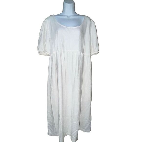 Isabel Women’s Maternity Dress Sz Medium White Linen Rayon Puff Sleeves Tie Back - Picture 1 of 10